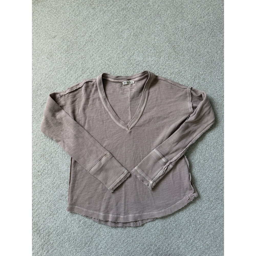 We The Free Boho Waffle Knit Top Size S Brown Mauve Pink V-Neck Cotton Thermal